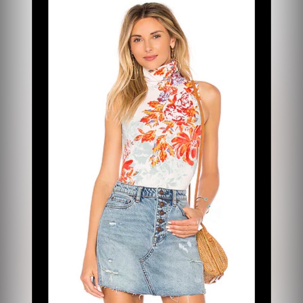 Free People White High-Neck Sleeveless Bodysuit with Orange Floral